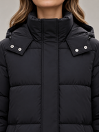 Women's Longline Hooded Puffer Coat | Funnel Neck, Snap Side Splits