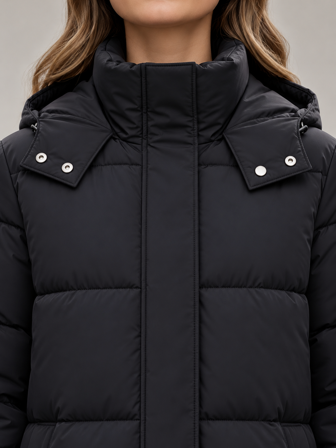 Women's Longline Hooded Puffer Coat | Funnel Neck, Snap Side Splits