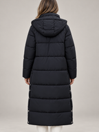 Women's Longline Hooded Puffer Coat | Funnel Neck, Snap Side Splits