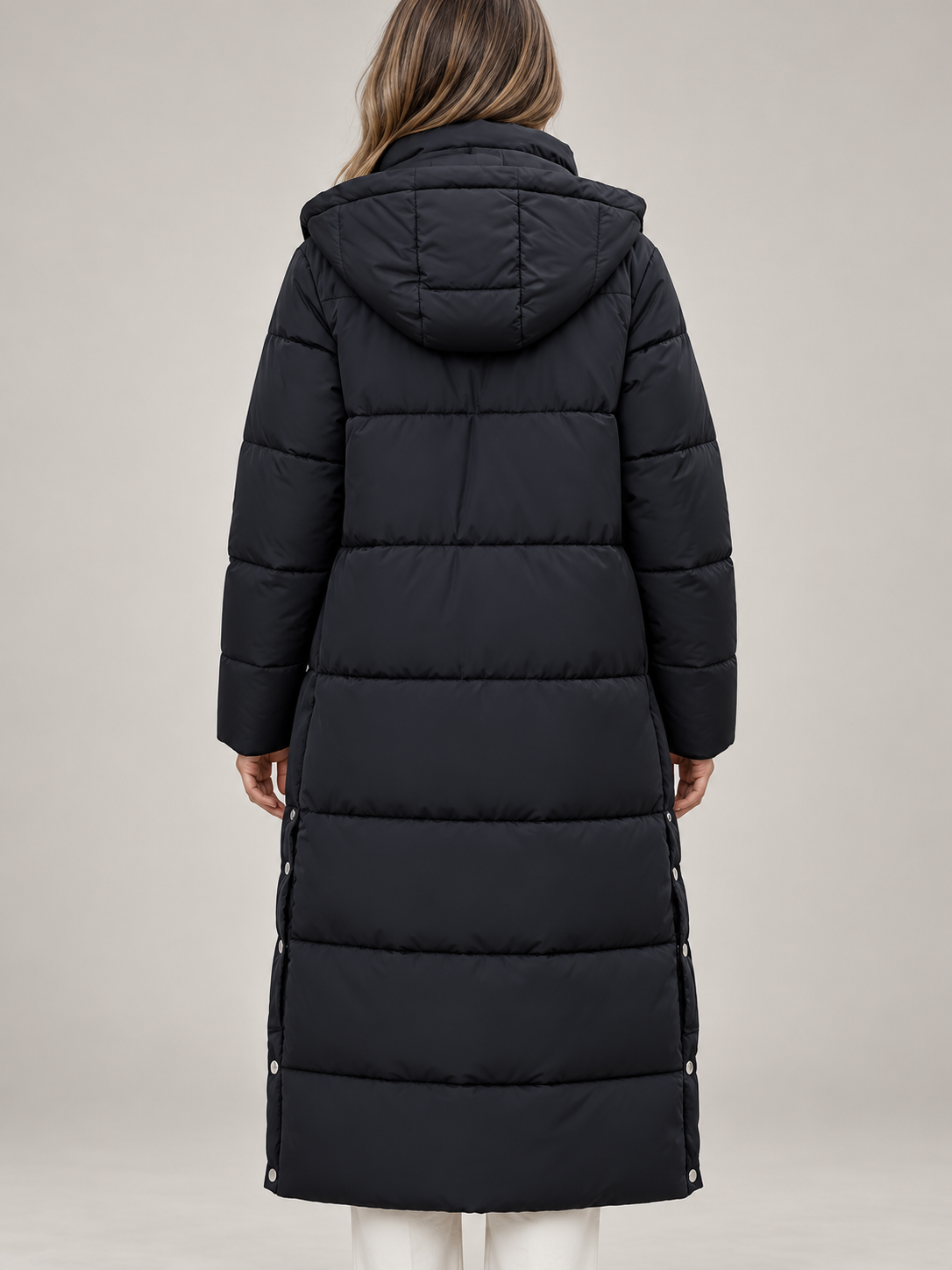 Women's Longline Hooded Puffer Coat | Funnel Neck, Snap Side Splits