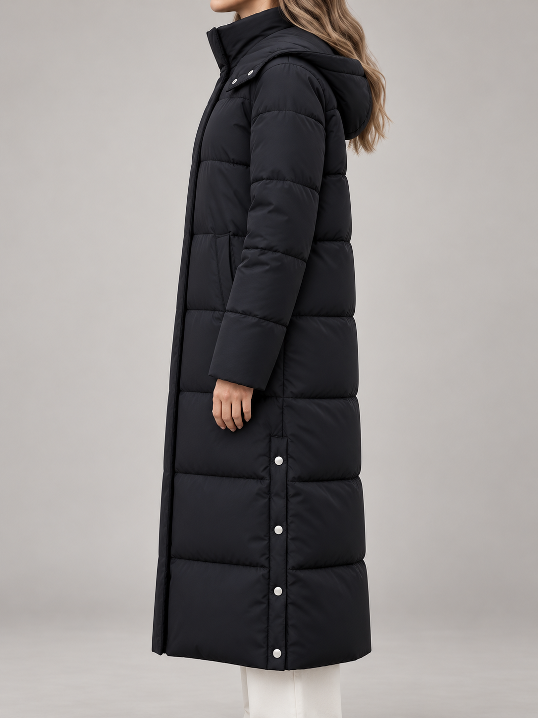 Women's Longline Hooded Puffer Coat | Funnel Neck, Snap Side Splits