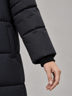Women's Longline Hooded Puffer Coat | Funnel Neck, Snap Side Splits