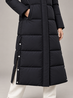 Women's Longline Hooded Puffer Coat | Funnel Neck, Snap Side Splits