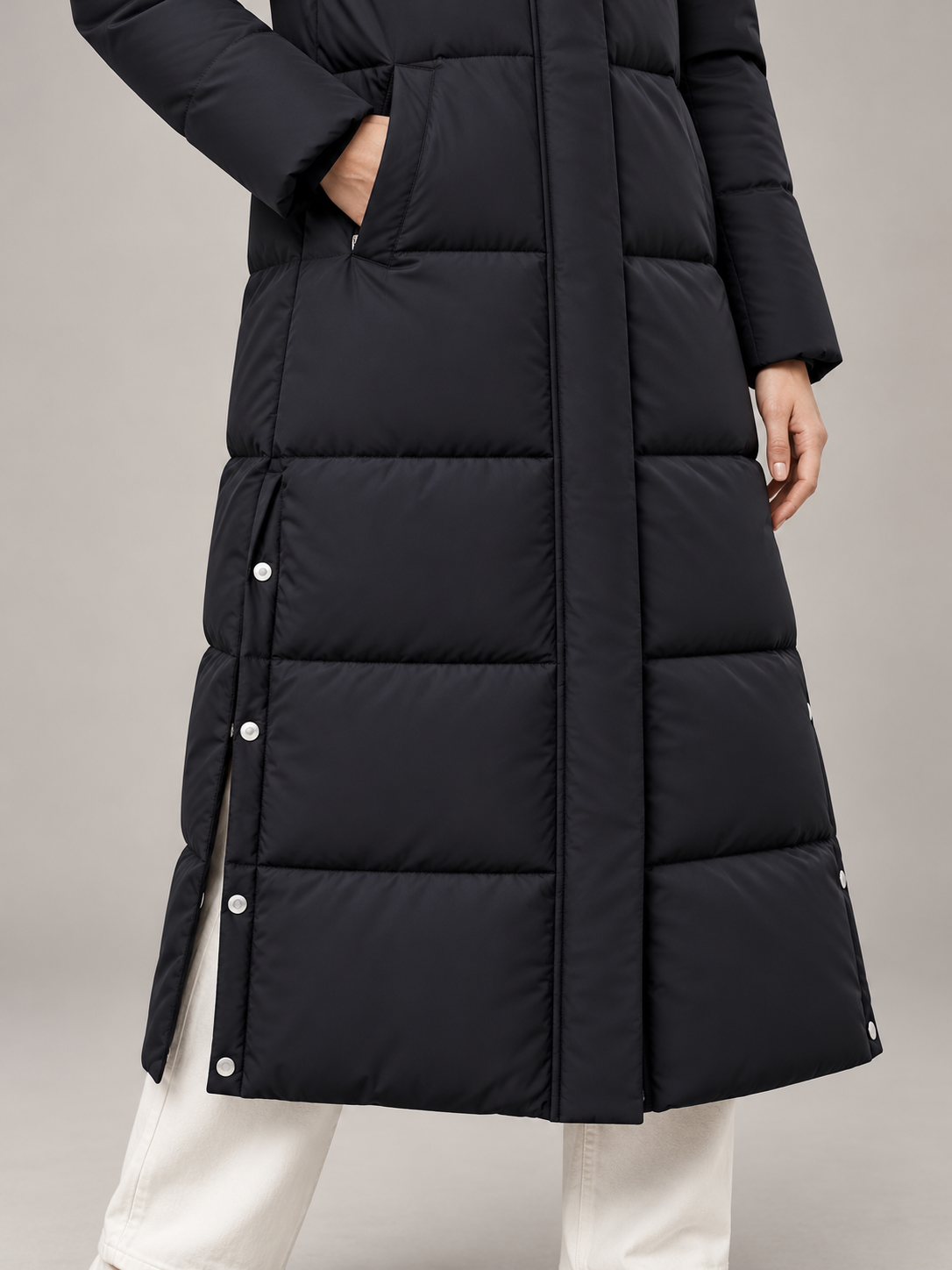 Women's Longline Hooded Puffer Coat | Funnel Neck, Snap Side Splits