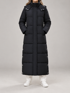 Women's Longline Hooded Puffer Coat | Funnel Neck, Snap Side Splits