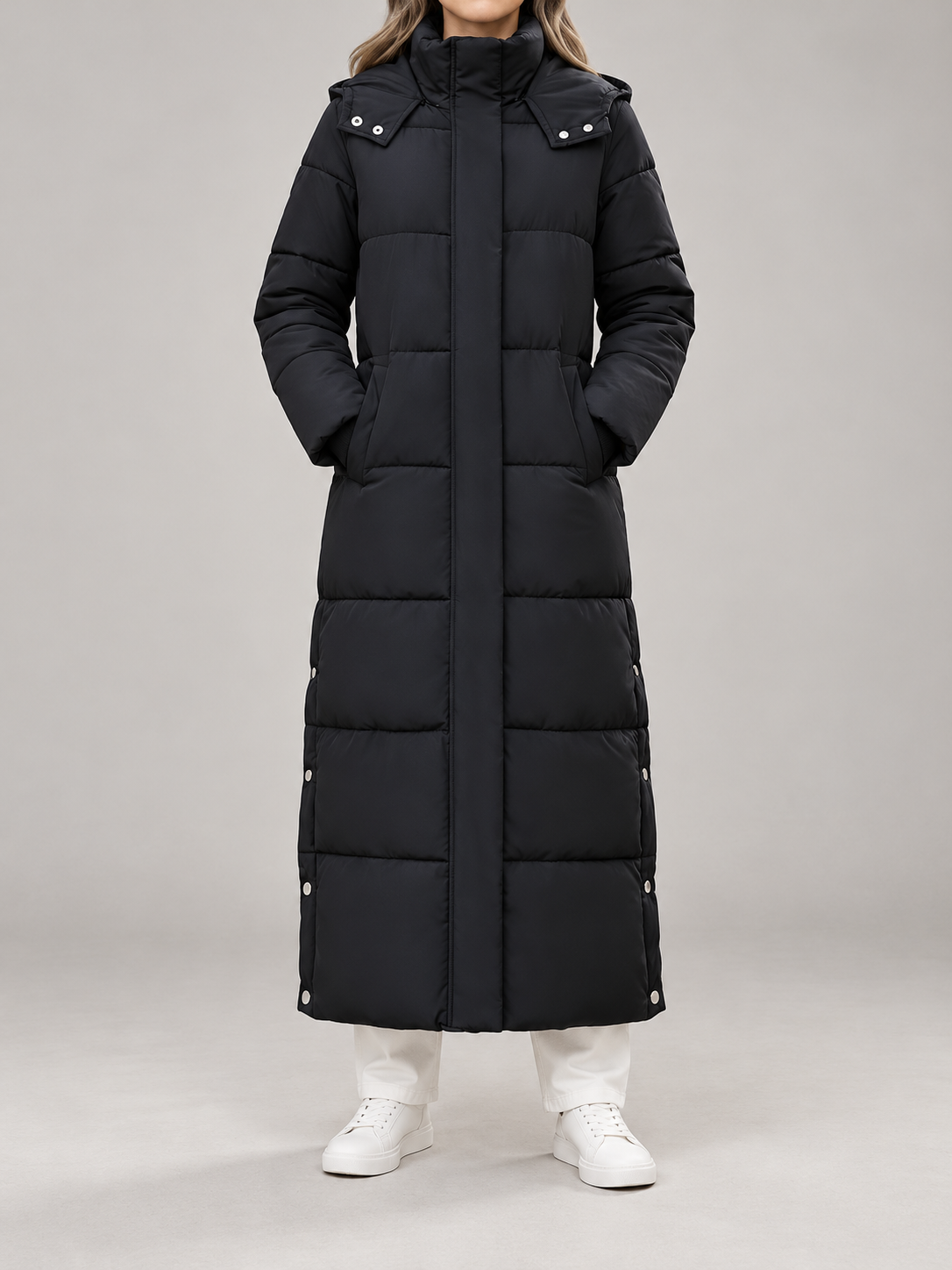 Women's Longline Hooded Puffer Coat | Funnel Neck, Snap Side Splits