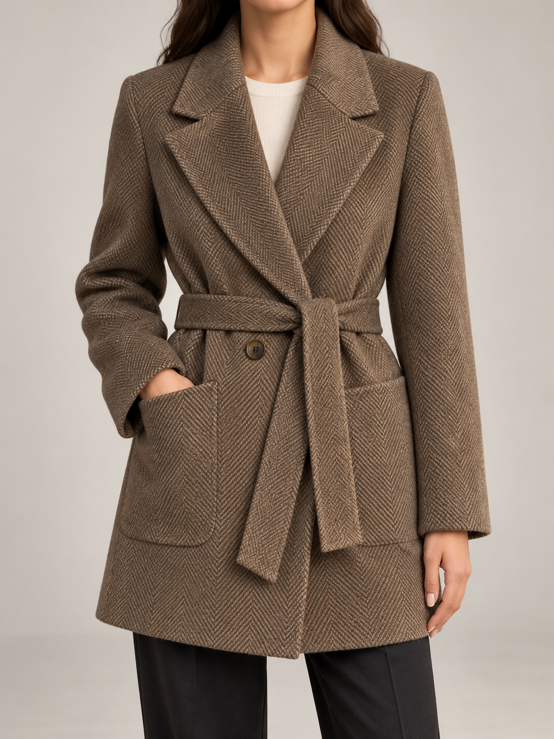 Women's Belted Herringbone Wool-Blend Blazer | Quilted Lining, Patch Pockets