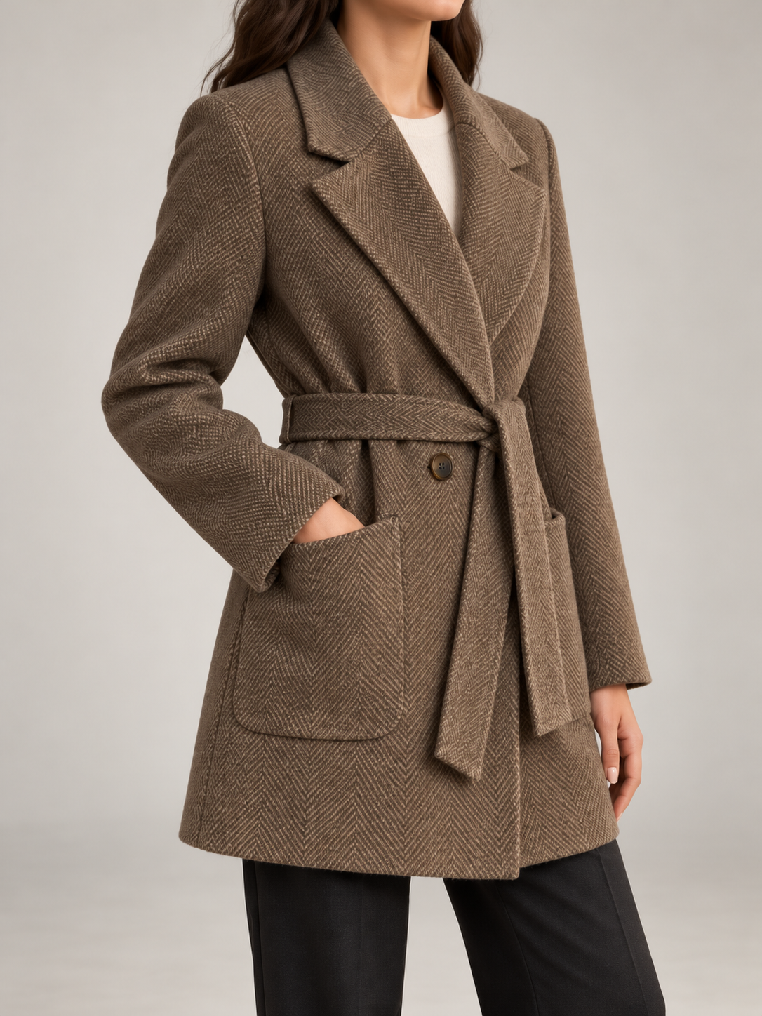 Women's Belted Herringbone Wool-Blend Blazer | Quilted Lining, Patch Pockets