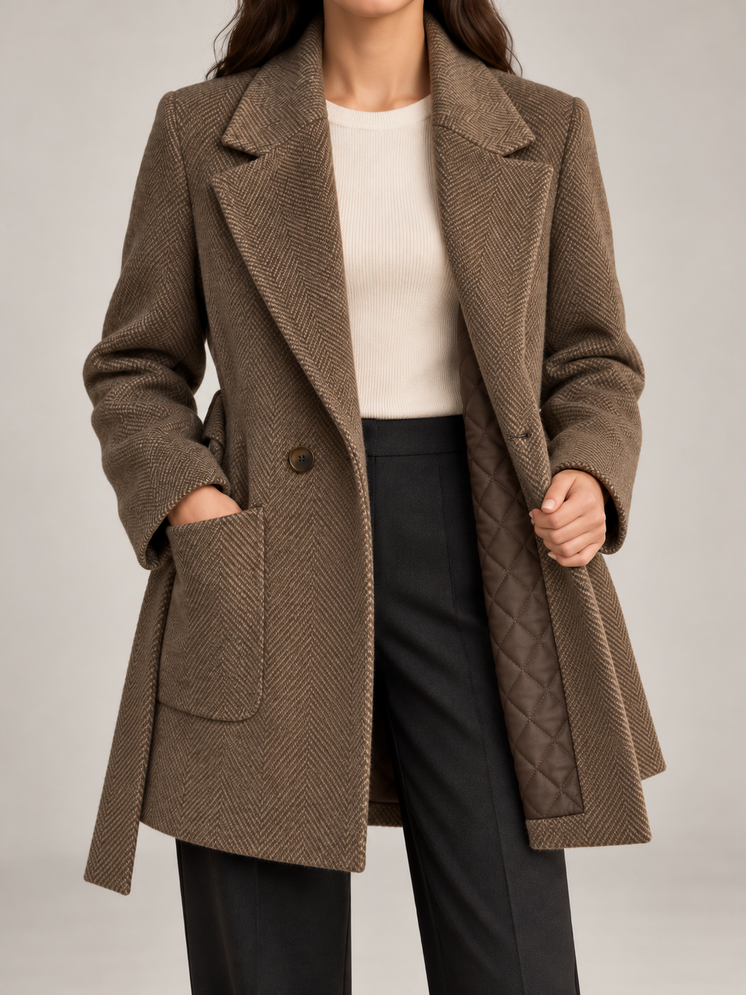 Women's Belted Herringbone Wool-Blend Blazer | Quilted Lining, Patch Pockets