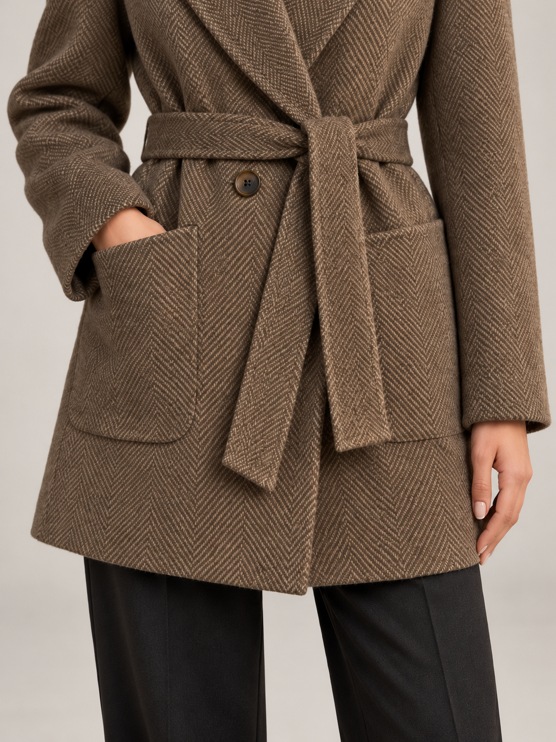 Women's Belted Herringbone Wool-Blend Blazer | Quilted Lining, Patch Pockets