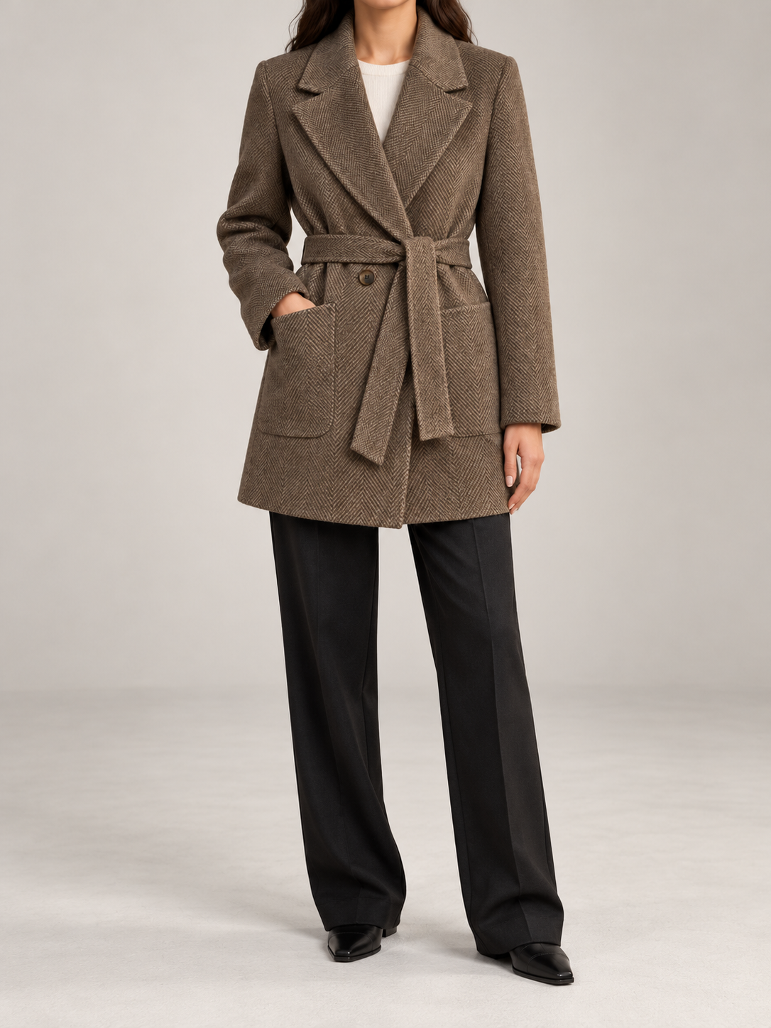 Women's Belted Herringbone Wool-Blend Blazer | Quilted Lining, Patch Pockets