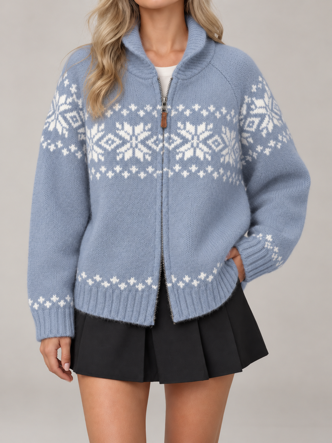 Women's Snowflake Zip-Up Knit Cardigan