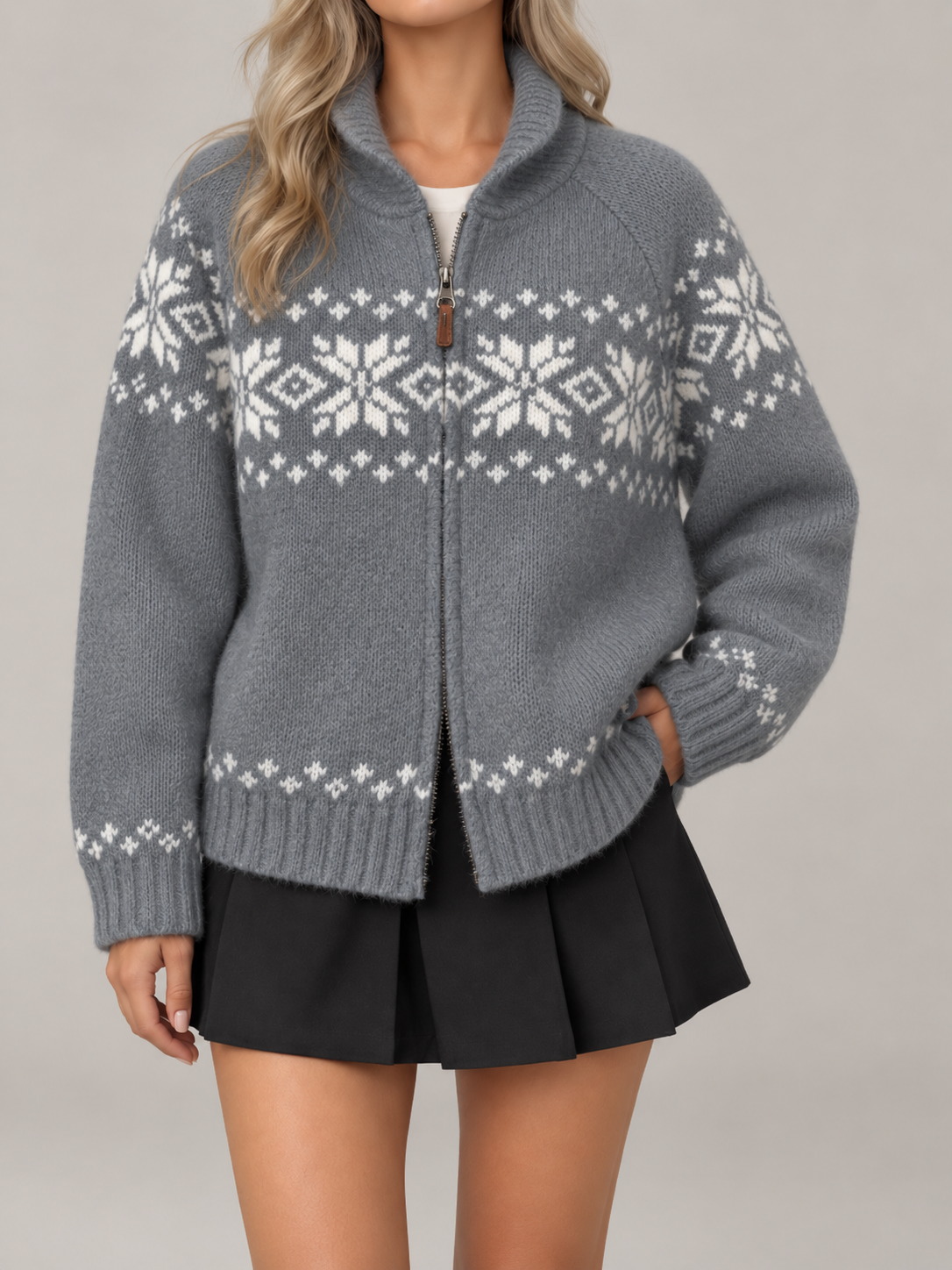 Women's Snowflake Zip-Up Knit Cardigan