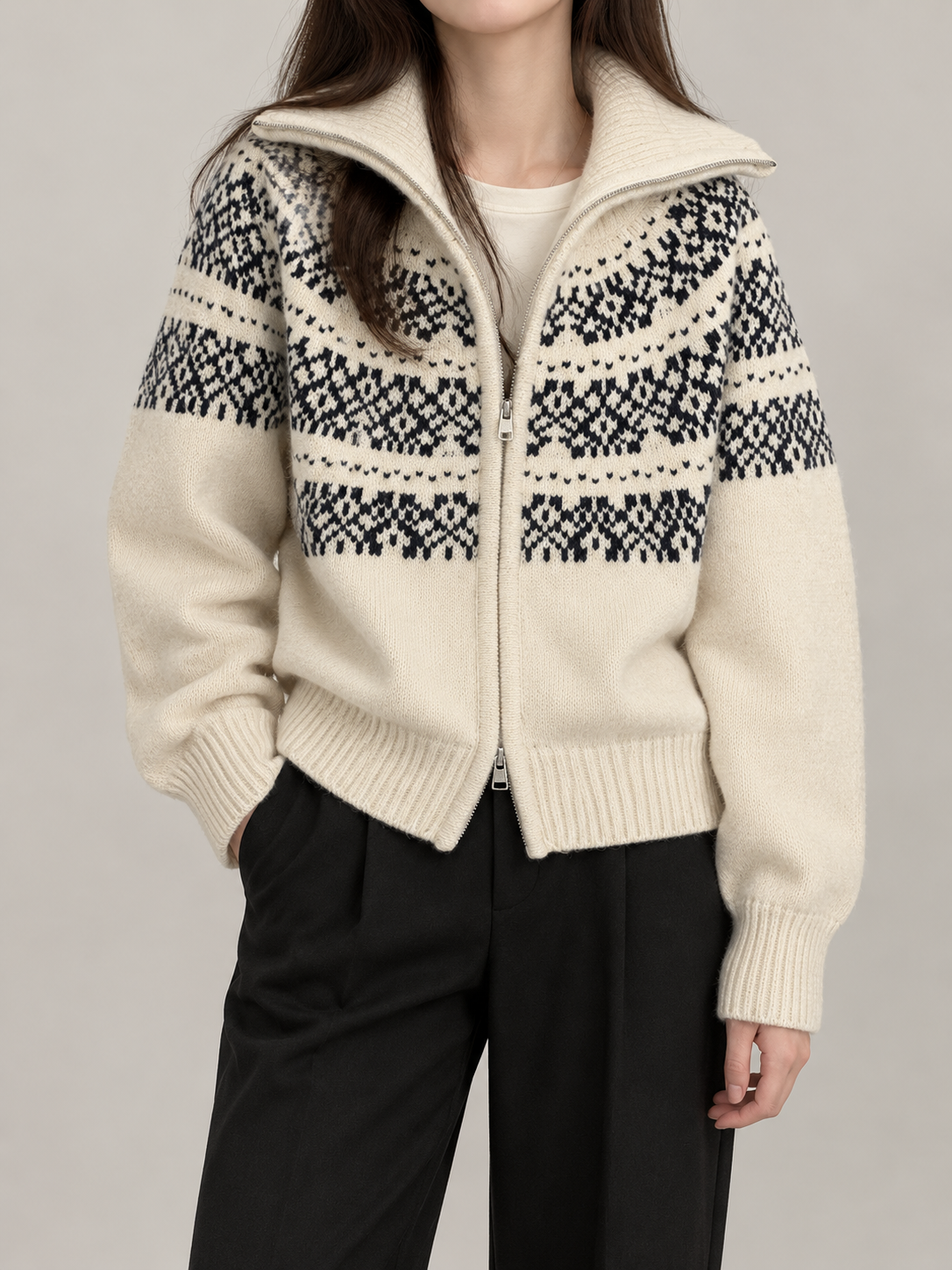 Women's Fair Isle Yoke Zip Cardigan | Funnel Neck