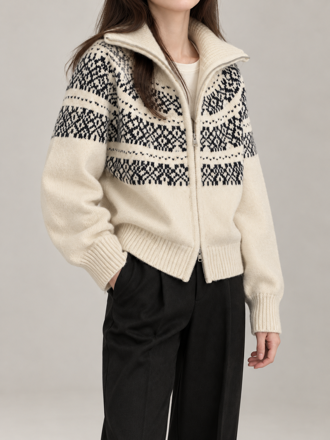 Women's Fair Isle Yoke Zip Cardigan | Funnel Neck