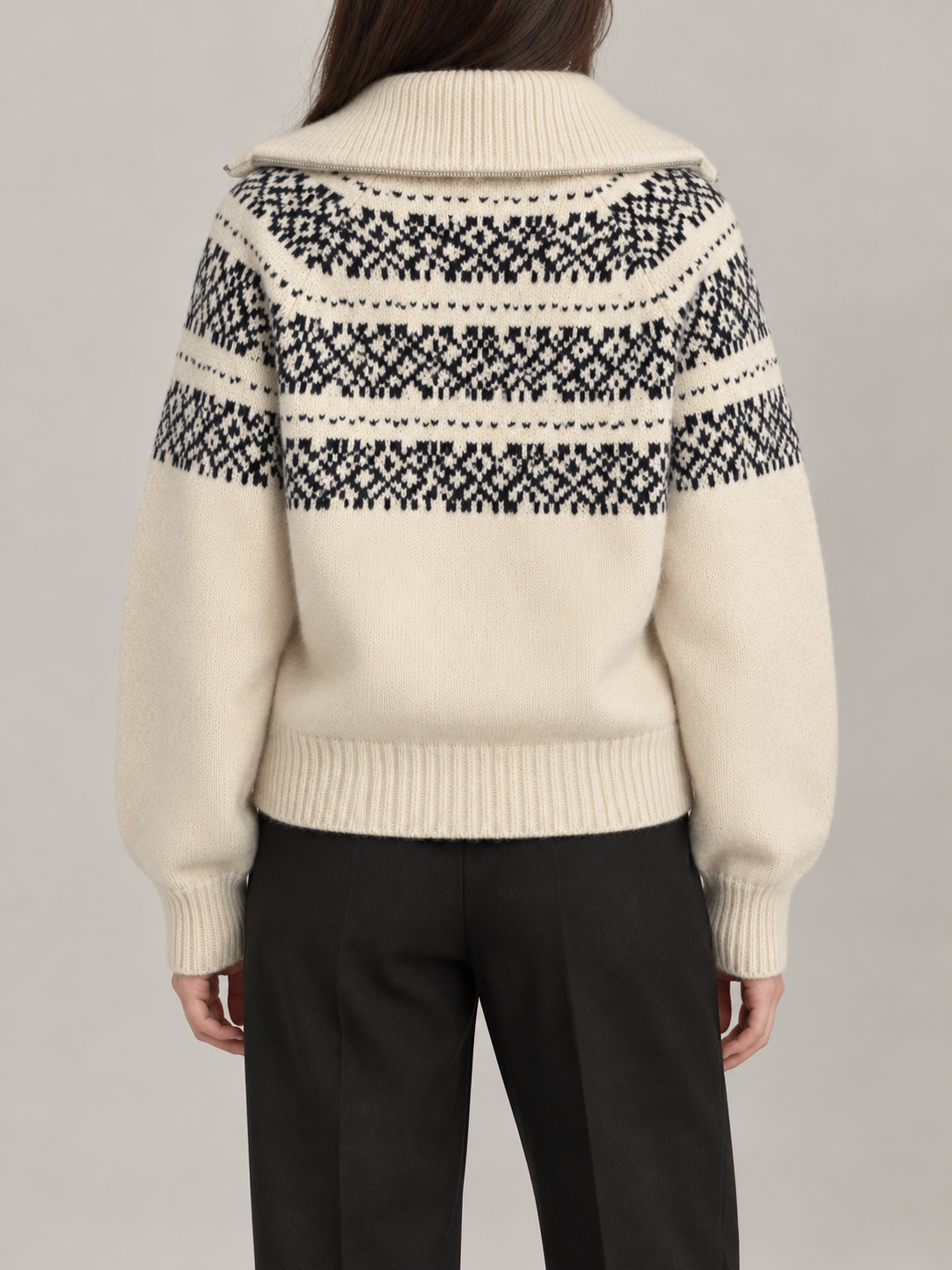 Women's Fair Isle Yoke Zip Cardigan | Funnel Neck