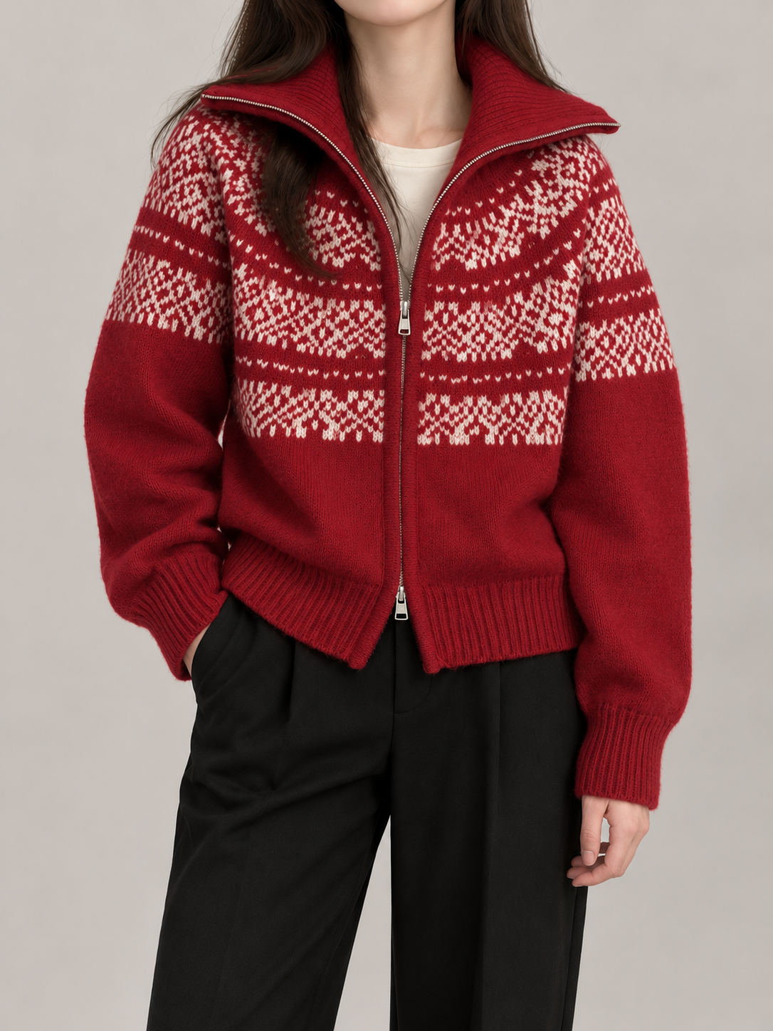 Women's Fair Isle Yoke Zip Cardigan | Funnel Neck