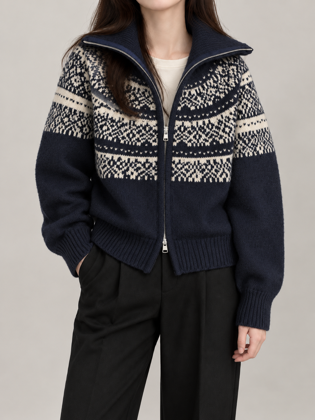 Women's Fair Isle Yoke Zip Cardigan | Funnel Neck