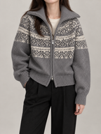 Women's Fair Isle Yoke Zip Cardigan | Funnel Neck