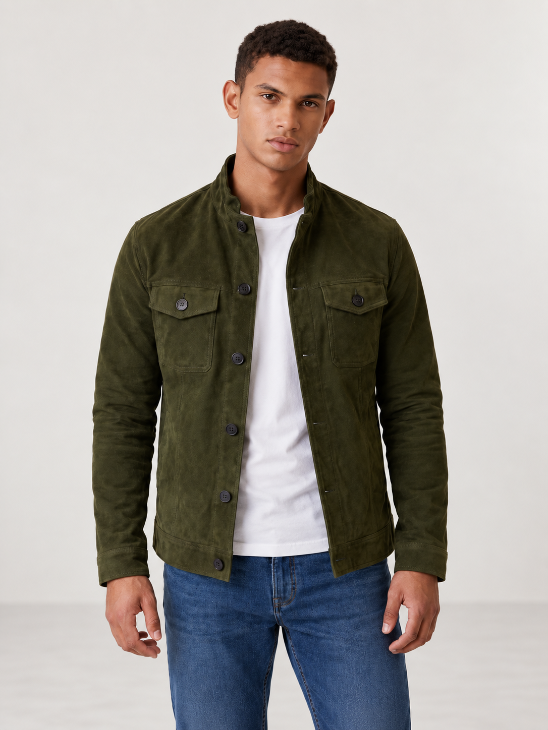 Men's Faux Suede Trucker Jacket | Stand Collar