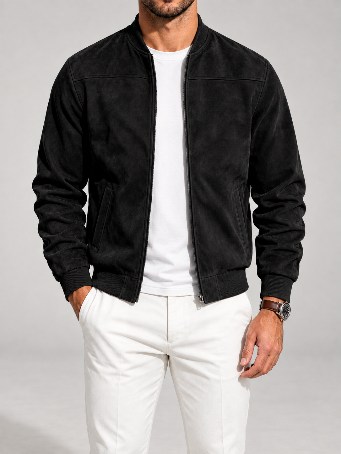 Men's Suede Bomber Jacket | Zip-Up Stand Collar Jacket