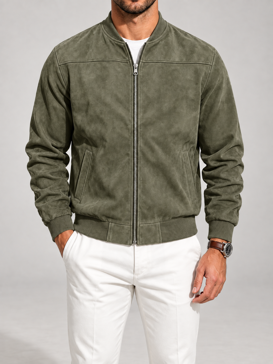Men's Suede Bomber Jacket | Zip-Up Stand Collar Jacket