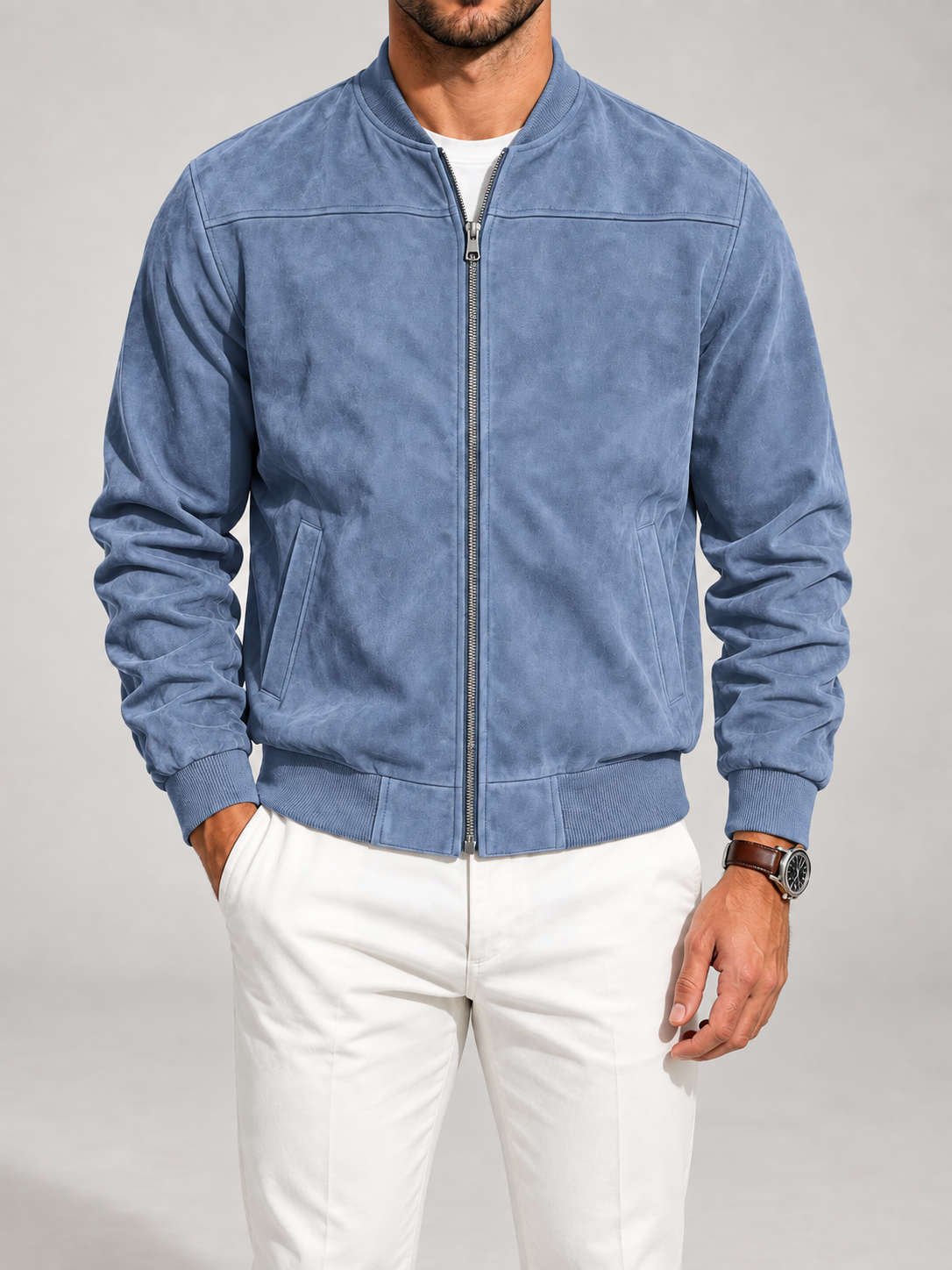 Men's Suede Bomber Jacket | Zip-Up Stand Collar Jacket
