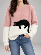 Women's Cat Motif Knit Jumper | Colour Block Fleece Pullover