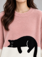 Women's Cat Motif Knit Jumper | Colour Block Fleece Pullover