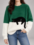 Women's Cat Motif Knit Jumper | Colour Block Fleece Pullover