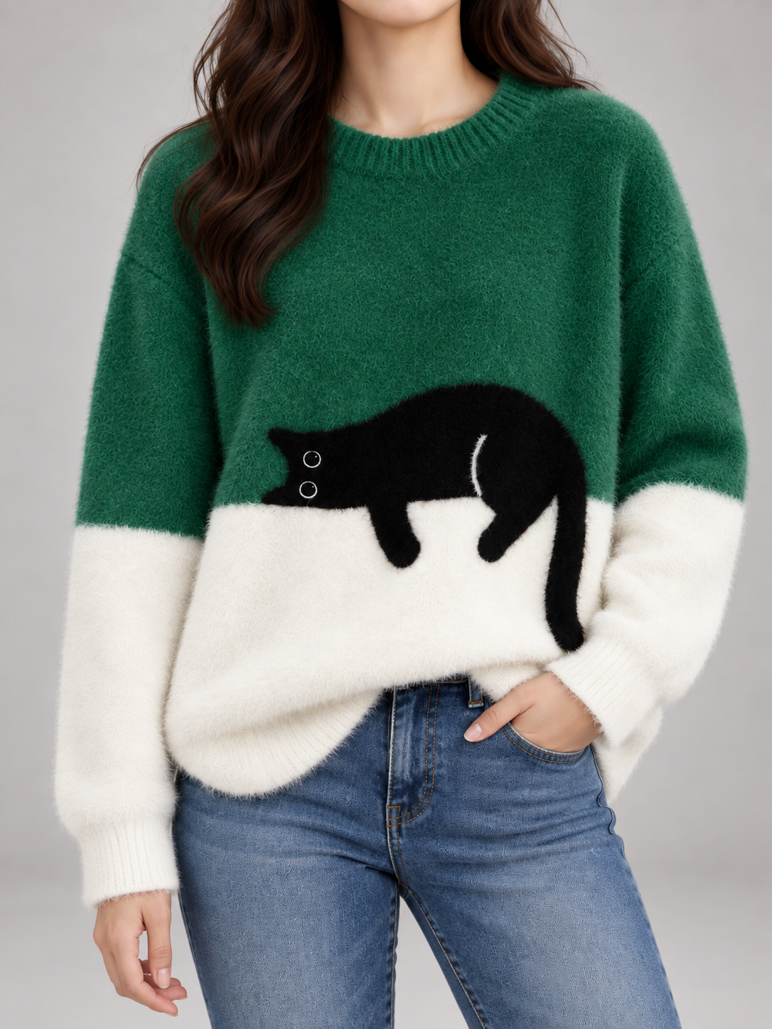 Women's Cat Motif Knit Jumper | Colour Block Fleece Pullover