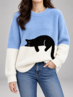Women's Cat Motif Knit Jumper | Colour Block Fleece Pullover