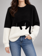 Women's Cat Motif Knit Jumper | Colour Block Fleece Pullover