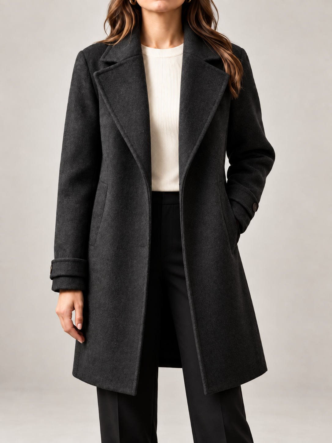 Women's Wool Blend Coat | Longline Notch Lapel Tailored Coat