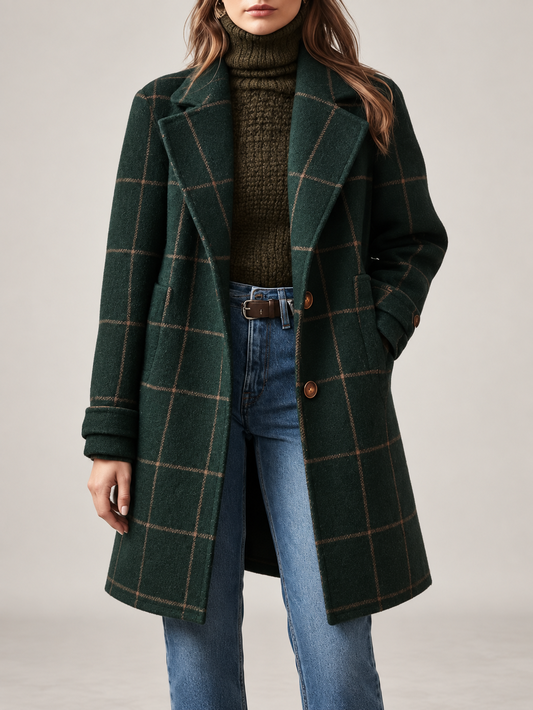 Women's Checked Wool Coat | Longline Notch Lapel Winter Coat