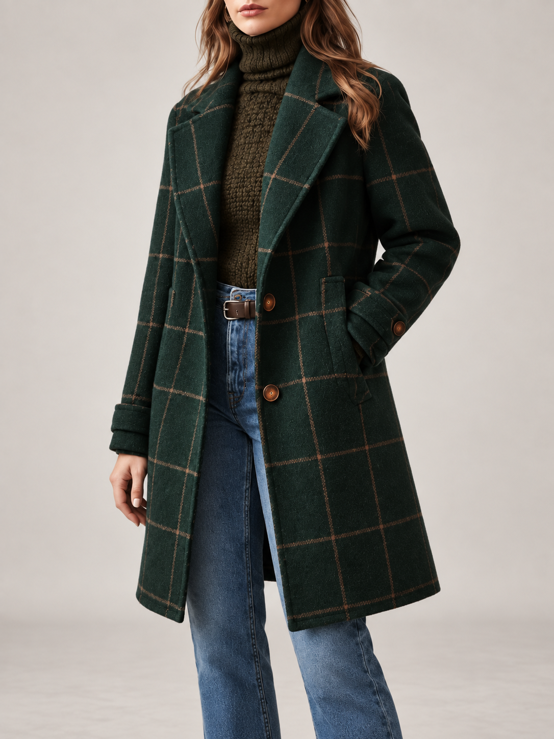 Women's Checked Wool Coat | Longline Notch Lapel Winter Coat