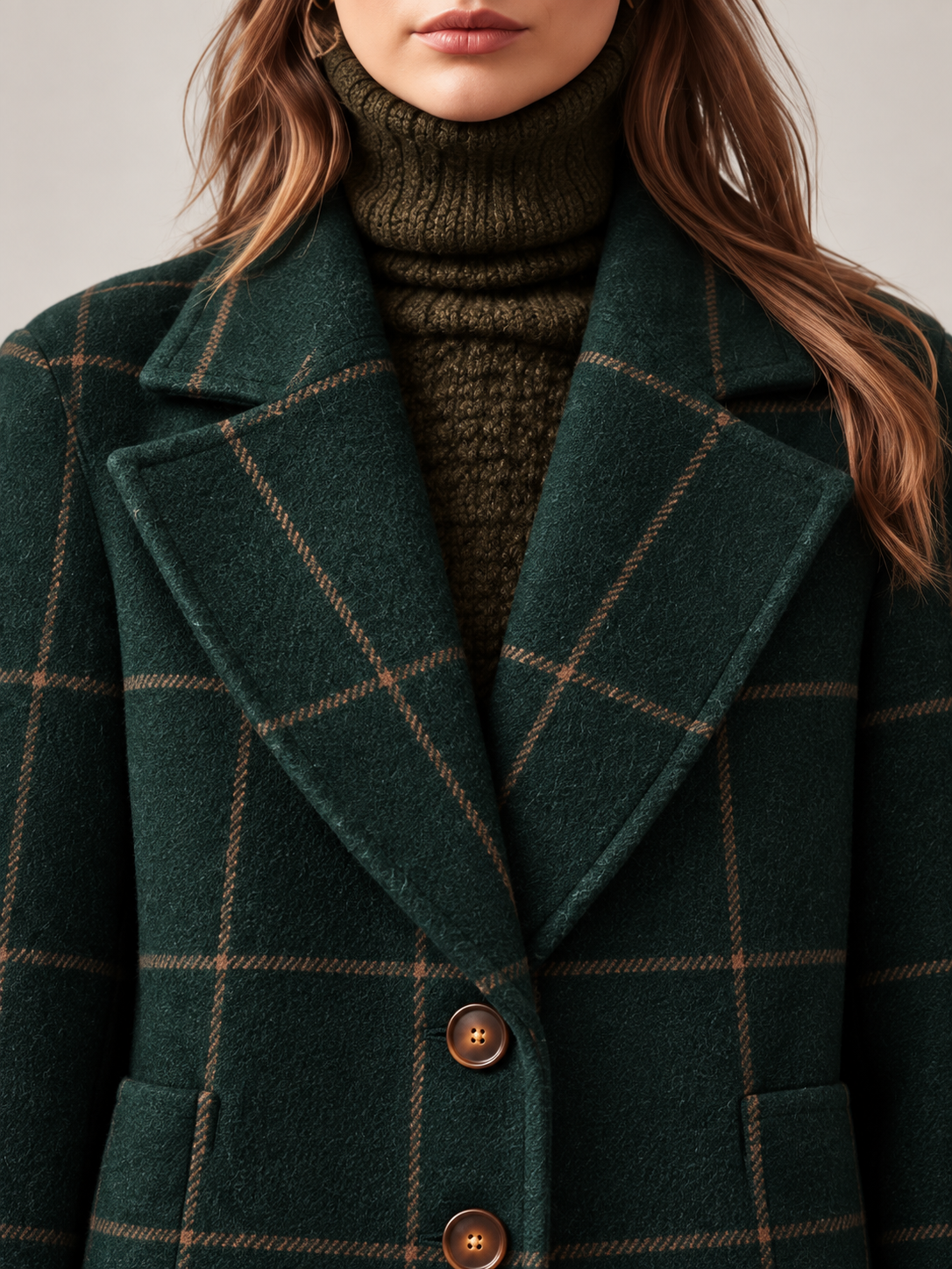 Women's Checked Wool Coat | Longline Notch Lapel Winter Coat