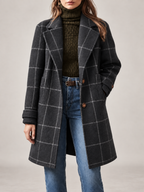 Women's Checked Wool Coat | Longline Notch Lapel Winter Coat
