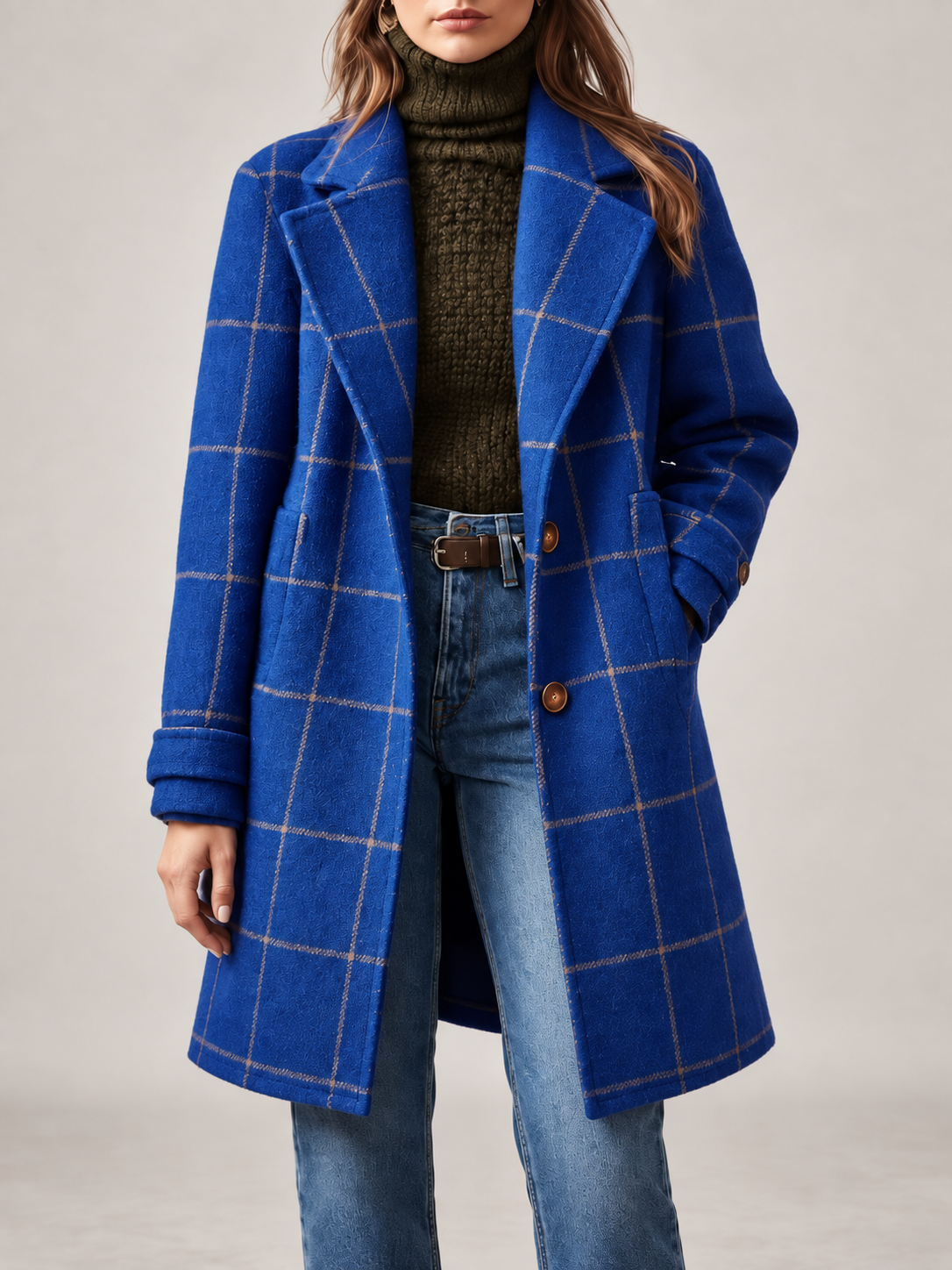 Women's Checked Wool Coat | Longline Notch Lapel Winter Coat