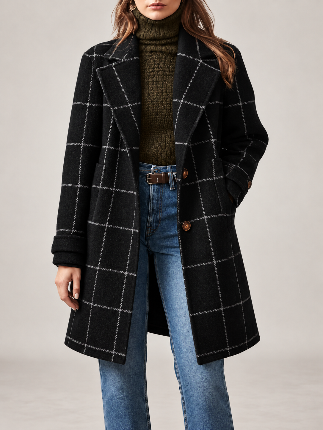 Women's Checked Wool Coat | Longline Notch Lapel Winter Coat