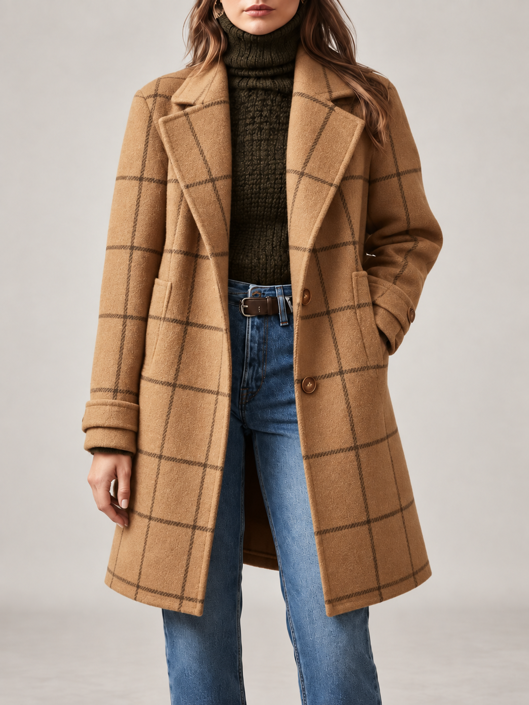 Women's Checked Wool Coat | Longline Notch Lapel Winter Coat