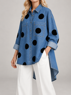 Women's Polka Dot Denim Shirt | Oversized Longline Button Front