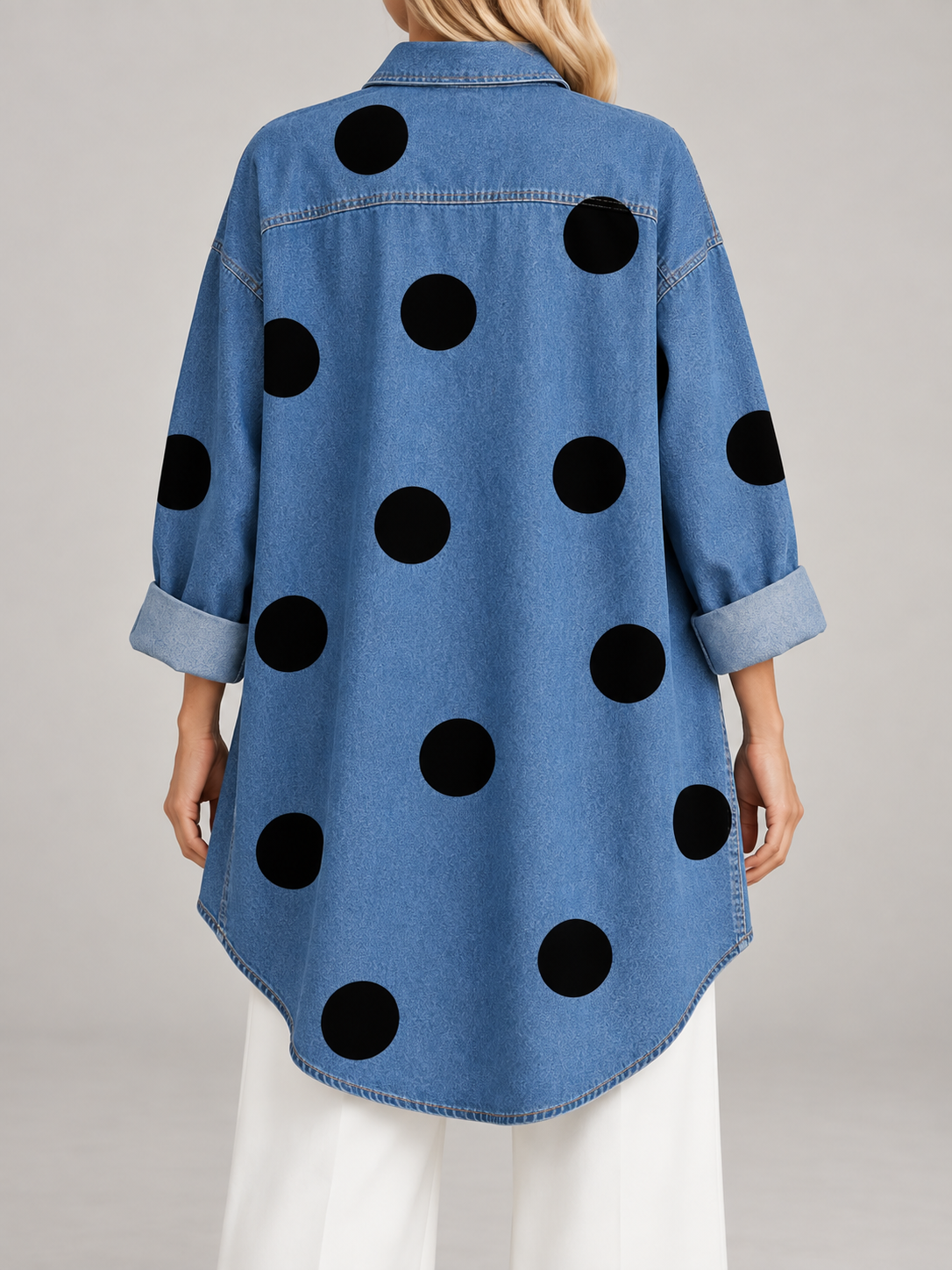 Women's Polka Dot Denim Shirt | Oversized Longline Button Front