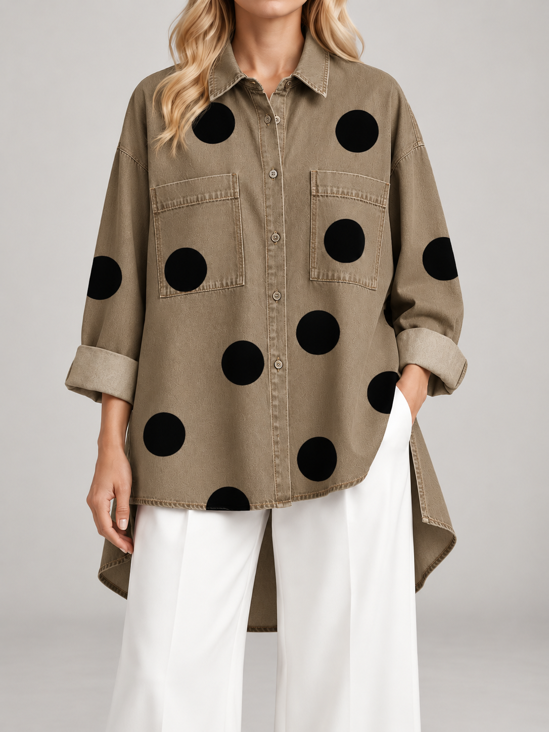Women's Polka Dot Denim Shirt | Oversized Longline Button Front