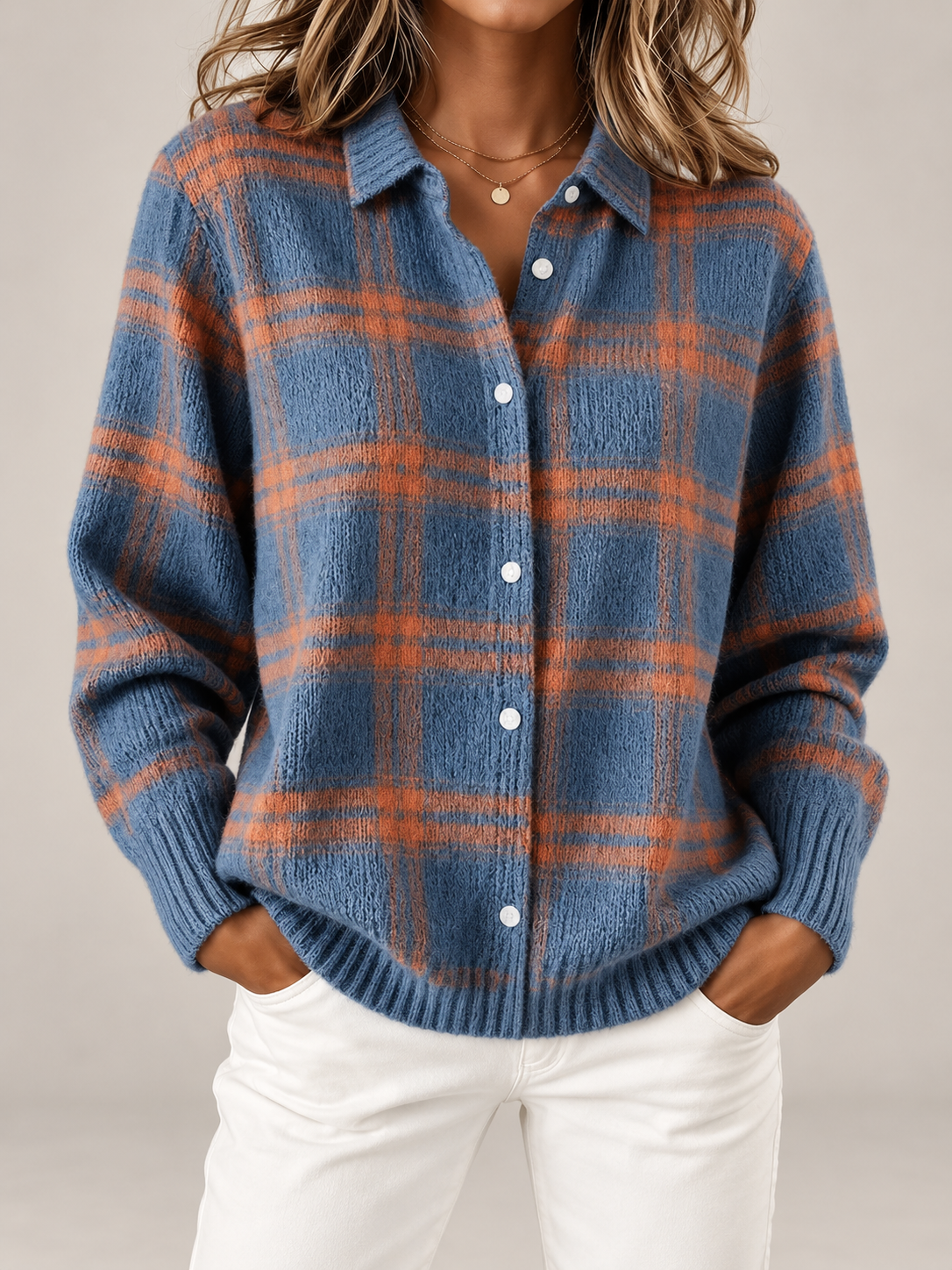 Women's Checked Knit Overshirt | Collared Button Front Cardigan