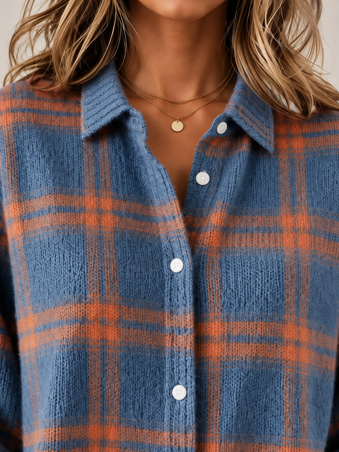 Women's Checked Knit Overshirt | Collared Button Front Cardigan