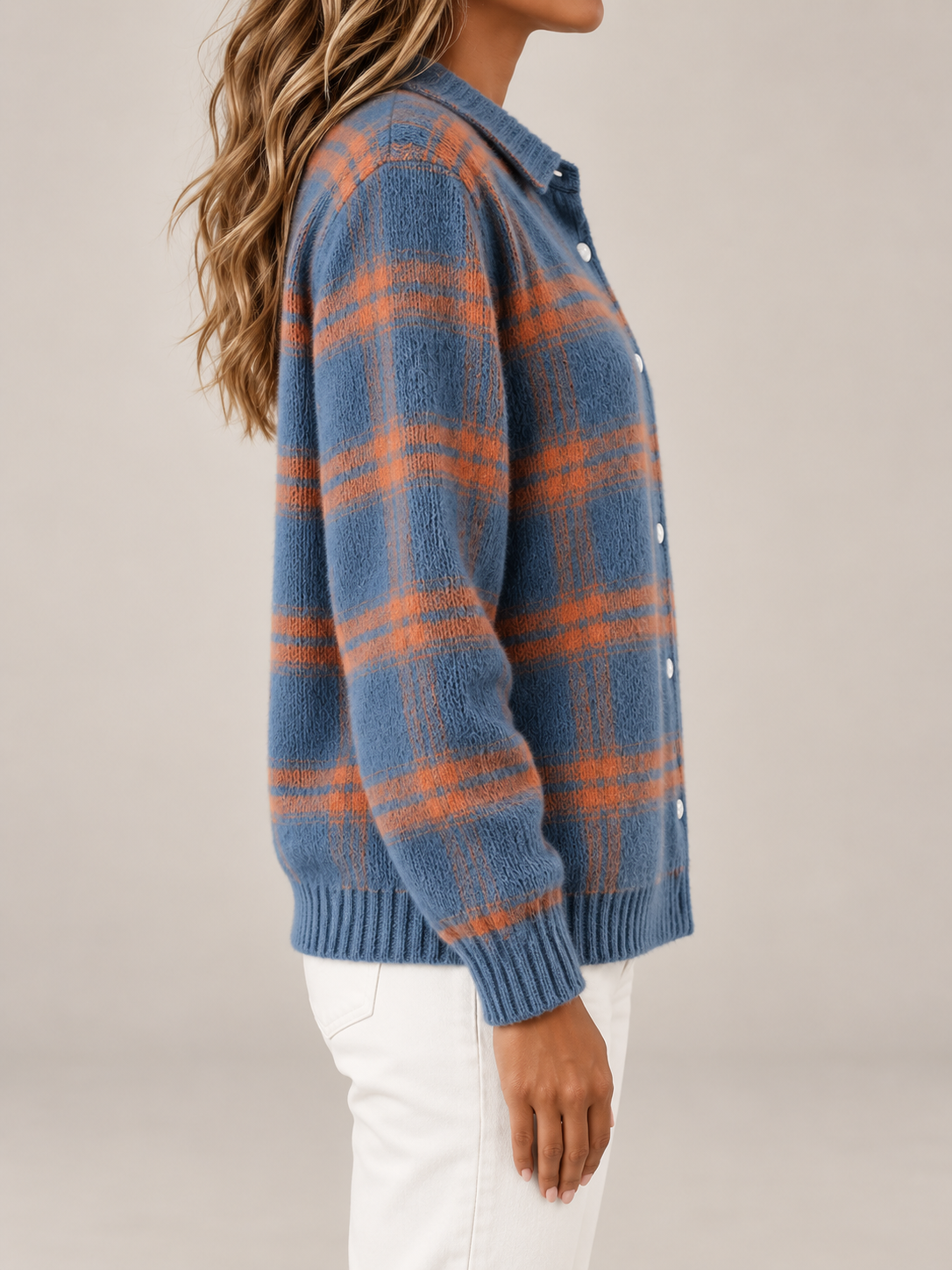Women's Checked Knit Overshirt | Collared Button Front Cardigan