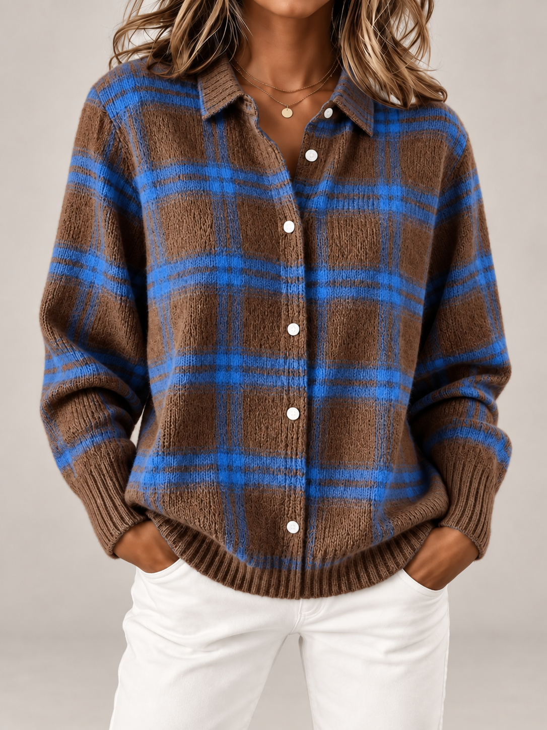 Women's Checked Knit Overshirt | Collared Button Front Cardigan