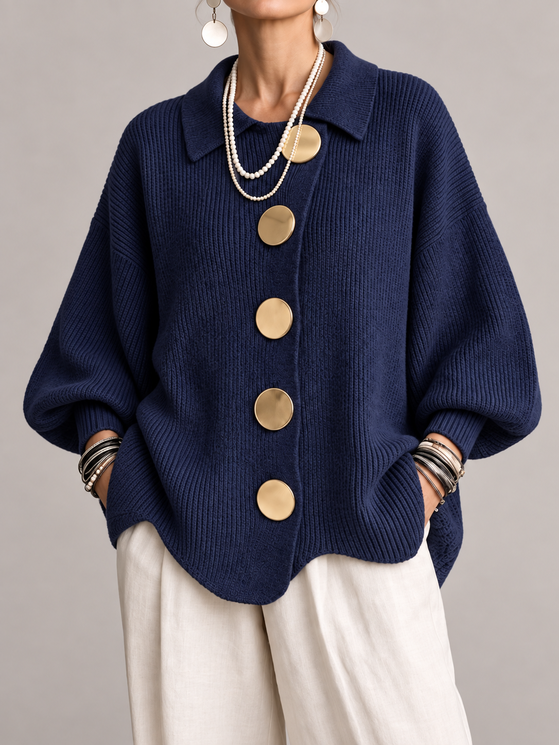 Women's Oversized Knit Cardigan Coat | Gold Button Scalloped Hem
