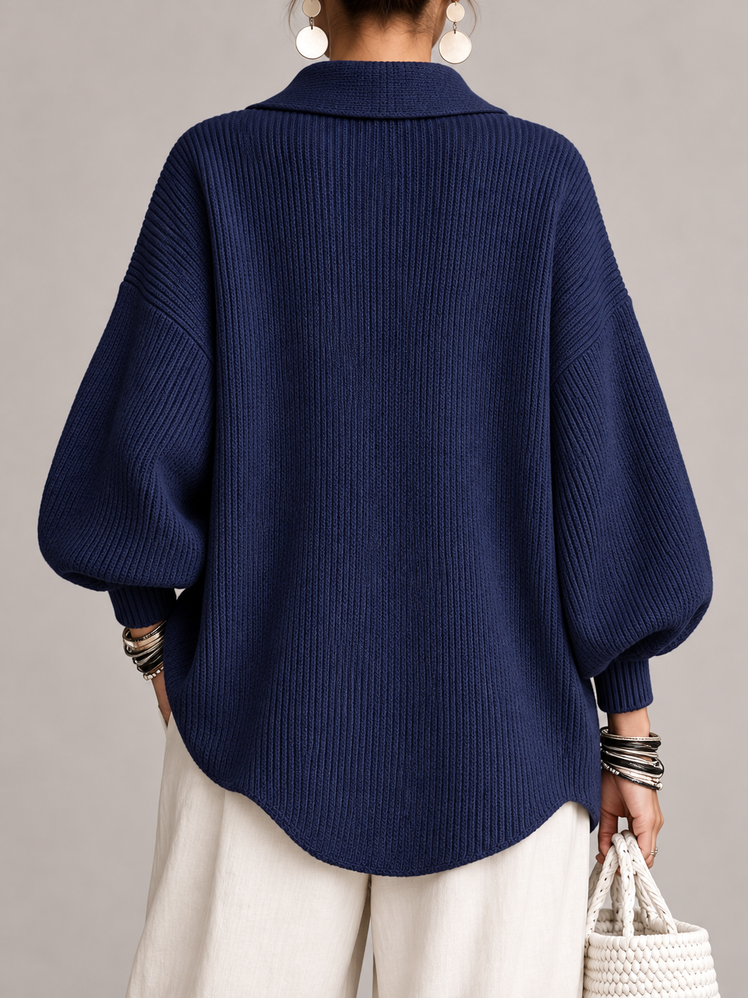 Women's Oversized Knit Cardigan Coat | Gold Button Scalloped Hem